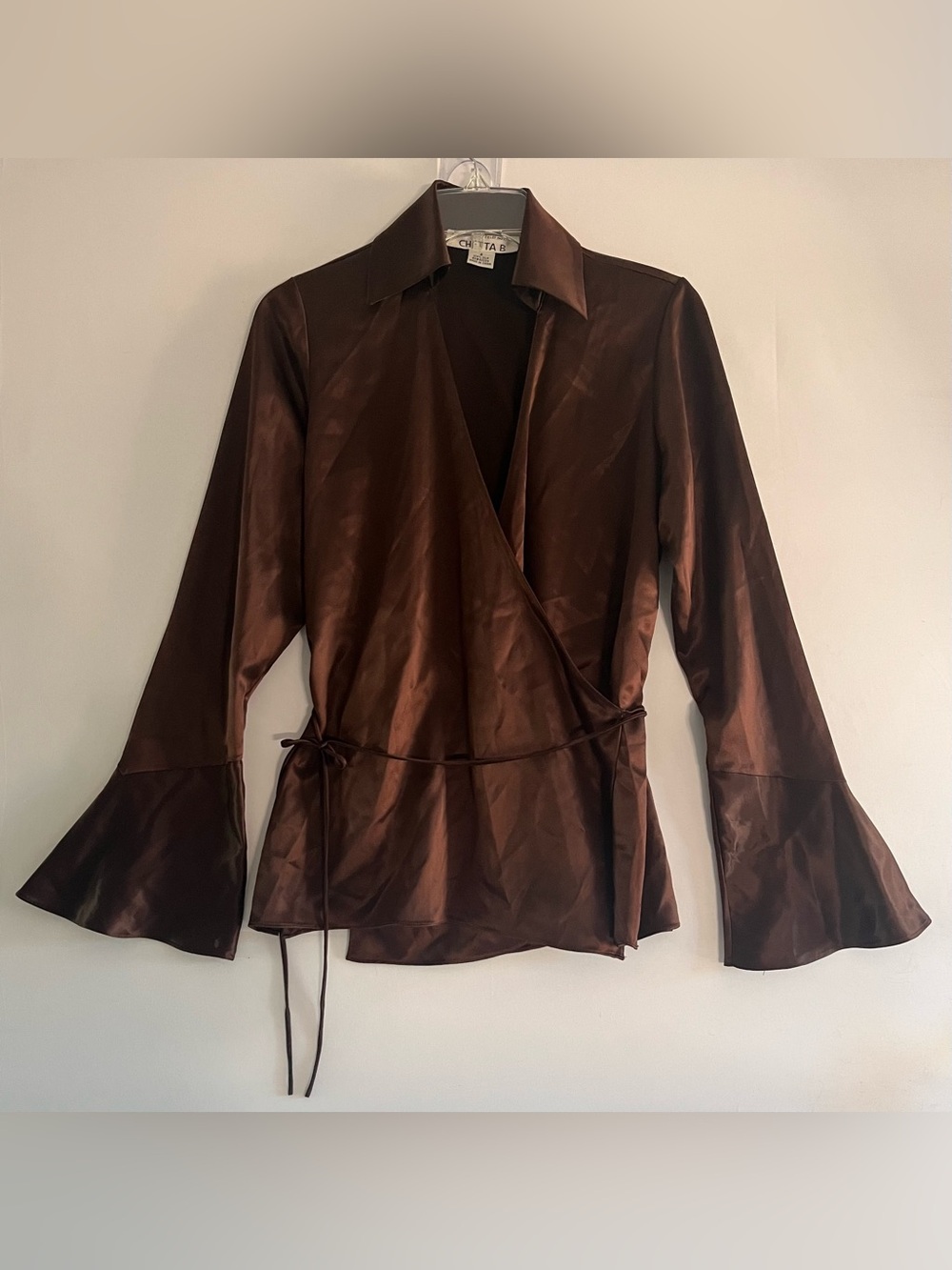 VTG 90s Chetta B Silk Chocolate Brown Satin Wrap Blouse Bell Sleeve
